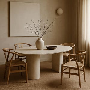 Peut inclure: Une salle à manger moderne avec une table ovale claire et quatre chaises en bois. Un vase beige avec des branches et un bol foncé sont posés sur la table. La pièce a une palette de couleurs neutres.