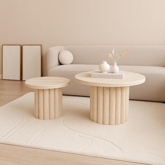 Travertine Table Set | Two-Piece Travertine Tables | Luxury Modular Coffee Tables | Minimalist Organic Modern Design