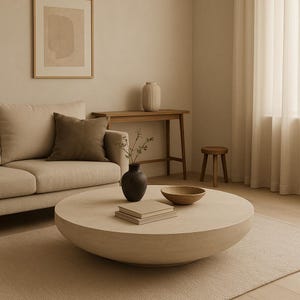 トラバーチンコーヒーテーブル ベニ | 丸型ストーンセンターテーブル | ミニマリストモダンリビングルーム装飾 | 高級感あふれるナチュラルな外観 | ハンドメイドデザイン