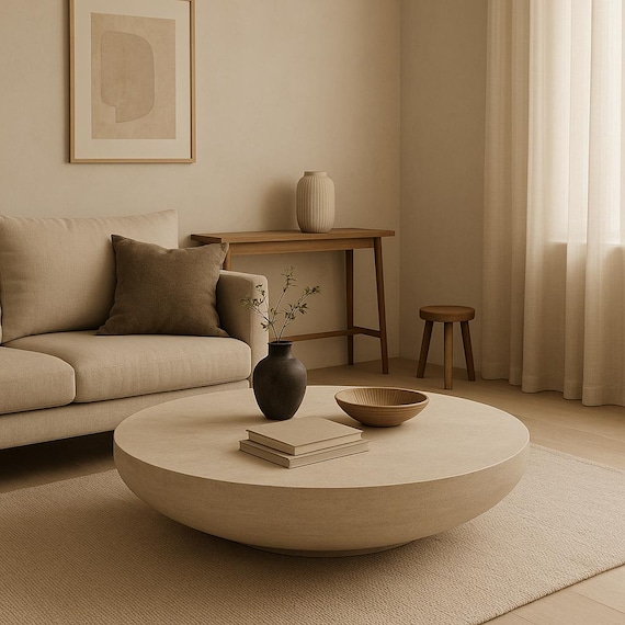 Travertin-Couchtisch Beni | Runder Steintisch | Minimalistisches, modernes Wohnzimmerdekor | Luxuriöser, natürlicher Look | Handgefertigtes Design