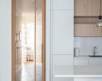 Walnut or Oak Wooden Interior Door 2 | Modern Pivot or Hinged Oak Door with Transparent Glass | Handmade by Beni Ouarain Outlet