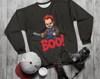 Halloween Chucky Sweatshirt, Scary Movie Apparel, Unisex Horror Fashion, Spooky Season Gift, Unique Halloween Sweatshirt