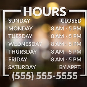 Personalized Store Hours Window Decal, Hours of Operation Sticker, Storefront Decal, Custom Business Hours, Restaurant Hours decal