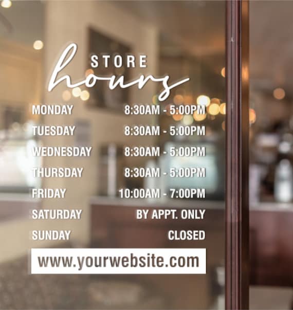 Store Hours Vinyl Decal Business Hours Decal for Storefront Etsy