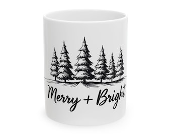 Merry & Bright Ceramic Mug - Cozy Holiday Cup for Coffee, Tea, Hot Chocolate, Xmas Gift, Winter Decor