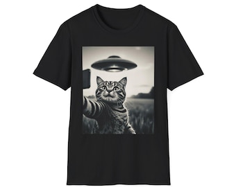 Whimsical Cat UFO T-Shirt, Fun Cat Shirt, Unisex Graphic Tee, Alien Lover Gift, Quirky Pet Tee, Cute Casual Wear