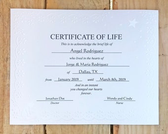 May include: A white certificate with a decorative border and the text "CERTIFICATE OF LIFE" at the top. The certificate acknowledges the brief life of Angel Rodriguez, who lived in the hearts of Jorge & Maria Rodriguez from January 2019 until March 8th, 2019. The certificate is signed by Jonathan Doe, Doctor, and Wendy and Cindy, Nurse.