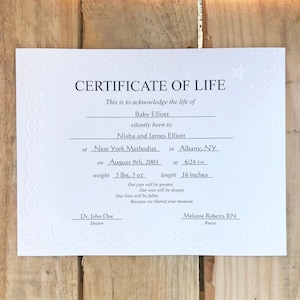 May include: A white Certificate of Life document with embossed floral and star patterns. The certificate acknowledges the birth of Baby Elliott, born on August 9th, 2003, weighing 5 lbs, 5 oz, and measuring 16 inches. The document includes the parents' names, hospital, and time of birth.