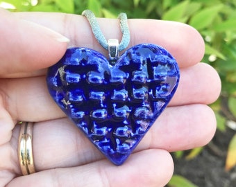 Handmade Ceramic Heart Necklace, Blue Glazed Pendant
