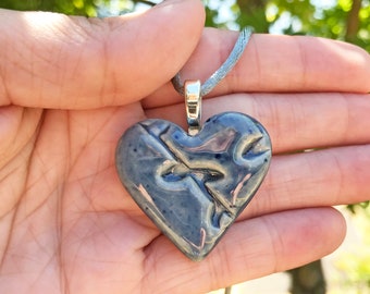 Feeling Heart Necklace, Ceramic Heart Necklace, Slate Blue Heart Necklace, Heart Gift, Gift for a Friend, Grief Gift, Love Gift