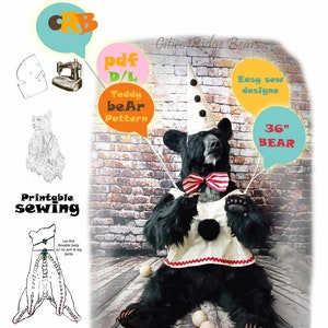 May include: Printable sewing pattern for a 36-inch teddy bear. The pattern includes instructions for a black bear with a white and red outfit and a party hat. The pattern is available as a digital download in PDF format.