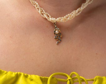 Vintage 9ct Gold Snake Pendant Necklace: Pearl Choker, Sapphire Eyes