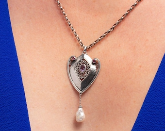 Antique Art Nouveau Amethyst & Pearl Silver Pendant Necklace