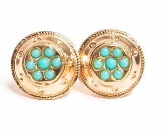 Antique Victorian Etruscan 9ct Gold Turquoise Stud Earrings