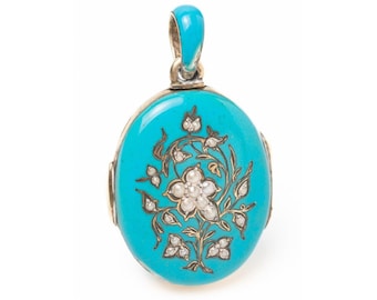 Antique Austrian Blue Enamel And Silver Pearl Locket