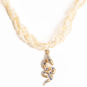 Vintage 9ct Gold Snake Pendant Pearl Diamond Necklace | Shake Pendant I Diamond Necklace