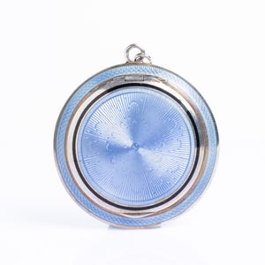 Antique Silver Blue Guilloche Enamel Compact Pendant