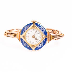Antique 14 ct Gold Guilloché Enamel Diamond Swiss Ladies Watch