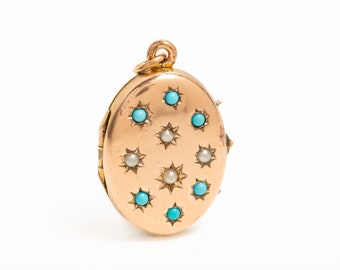Victorian 9ct Gold Front & Back Turquoise And Seed Pearls Locket