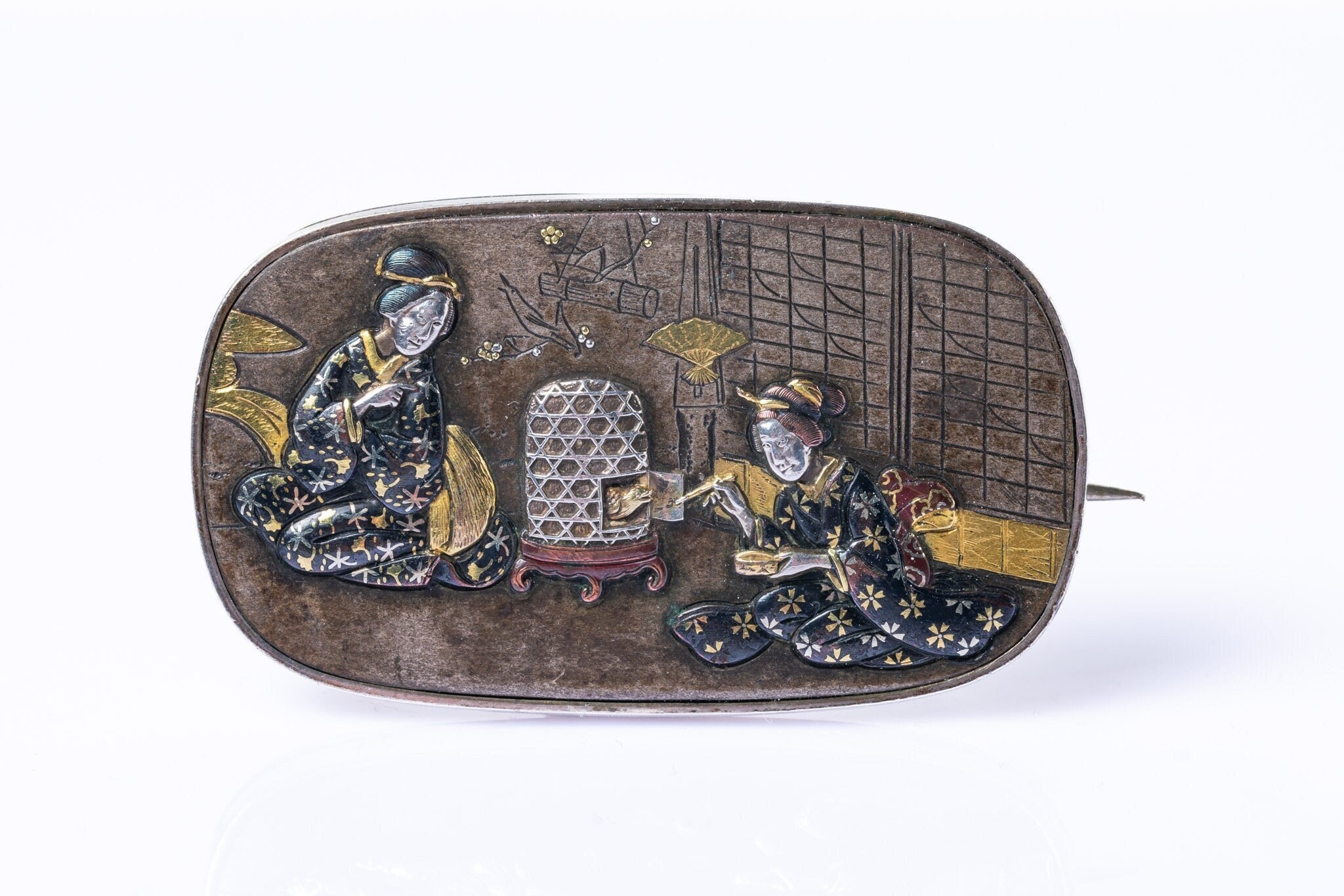 Ancienne Broche Japonaise En Shakudo - Visage Riant, époque Meiji (vers 1880) - Occasion