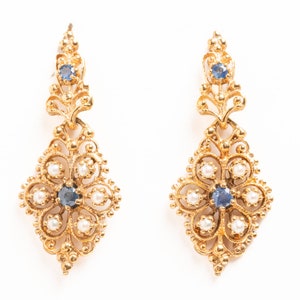 Vintage 9ct Gold Sapphire and Seed Pearl Drop Earrings, Women&#39;s Earrings, Women&#39;s Jewerly