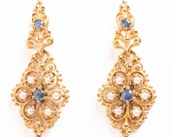 Vintage 9ct Gold Sapphire & Seed Pearl Victorian Drop Earrings