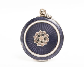 Antique Art Deco Guilloche Enamel Silver Flower Locket