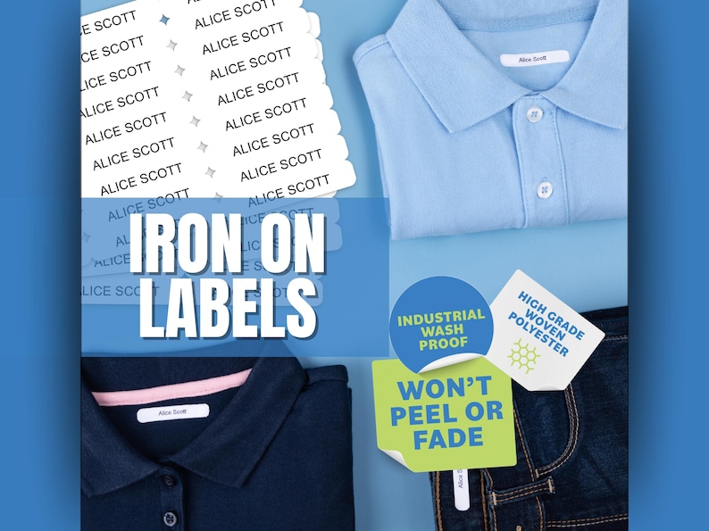 Custom Iron-On Name Labels: Washable Clothing Tags (2"x0.37") Bild 1
