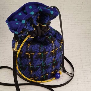 Drawstring Purse Pouch Bag, Woven Tweed Fabric, Blue and Yellow, Drawstring Purse, BoHo Pouch Bag, Crossbody Bag
