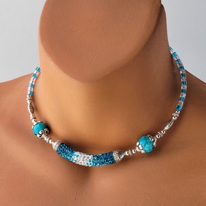 Choker Necklace Set, Aqua Blue - White Rhinestone Pave Tube Bead, Pendant Necklace, Memory Wire Necklace, Handmade, Best Friend Gift Jewelry