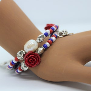 Bracelet, Memory Wire Bracelet, Red White Blue Bracelet, Hope Charm, Seed Bead Bracelet, Glass Beads Bracelet, Wire Bracelet, Red Rose,