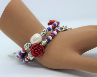 Red Rose Memory Wire Bracelet: Seed Bead, Pearl, Lapis, Hope Charm