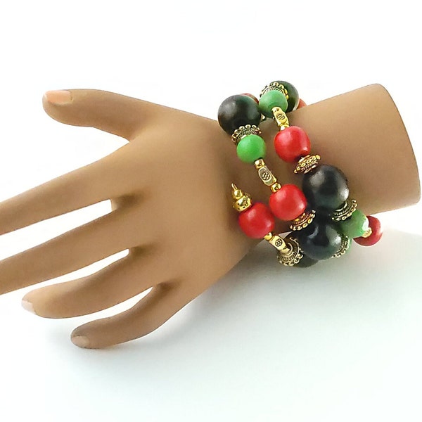 Bracelet, Red Black Green, Wooden Bead, Memory Wire Bracelet