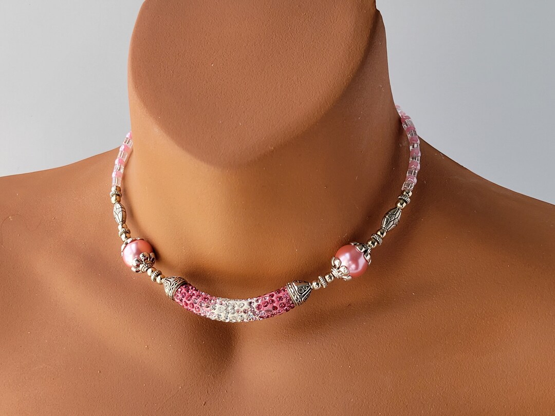 Pink Rhinestone Choker Rhinestone Choker Necklace: Pink & White Beaded Jewelry - Etsy