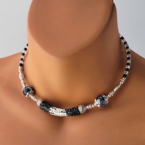 Choker Necklace Set, Black - White Rhinestone Pave Tube Bead, Pendant Necklace, Memory Wire Necklace, Handmade, Best Friend Gift Jewelry