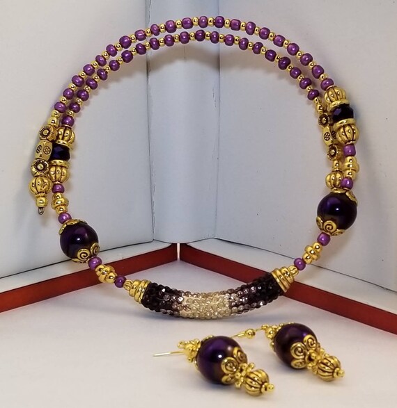 Rhinestone Choker Necklace & Earring Set Purple
