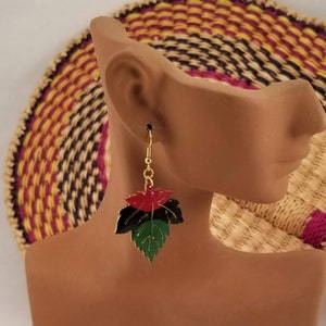 Leaf Earrings, Red Black Green Earrings, African Jewelry, Red Black Green, Wooden 2”Dangle Earrings, Afrocentric Jewelry,