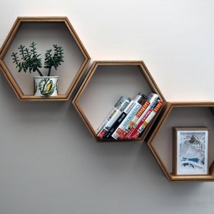 Hexagonal floating shelves, hexagon made from solid oak with walnut and padauk inlay