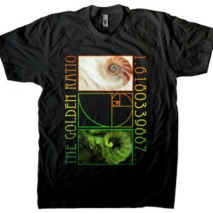 May include: Black t-shirt with a graphic design featuring a nautilus shell, a Fibonacci spiral, and a fern. The text "THE GOLDEN RATIO 1.6180339887..." is printed on the shirt.