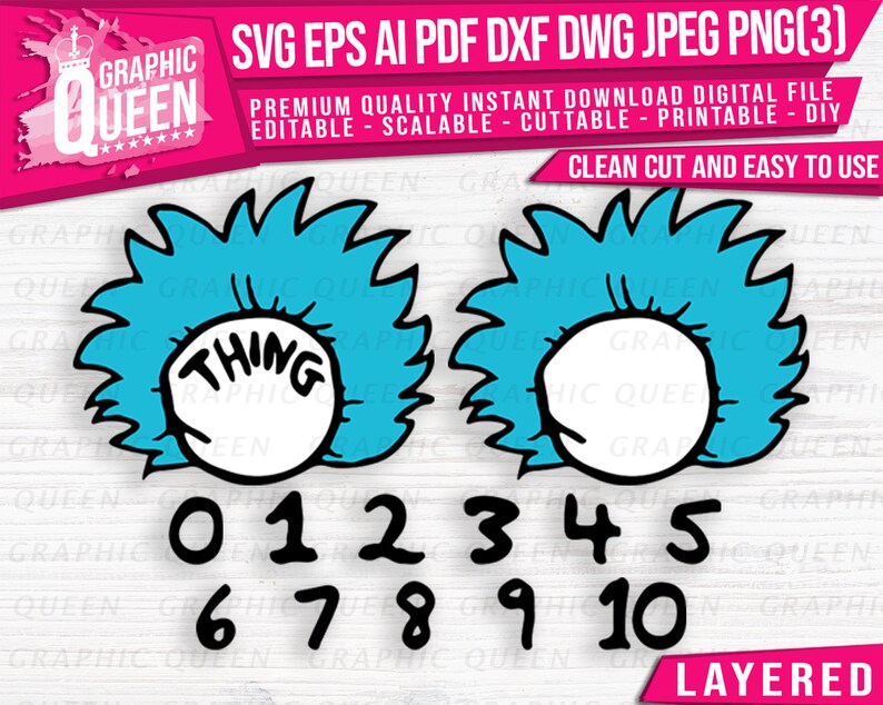 DIY Thing 1 Thing 2 Template Layered Face Hair and Numbers Etsy