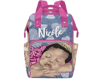Afro Personalized Baby Bag/ Diaper Bag/ African American Baby Girl Backpack/ Clothing Bottles Bag/ Baby Shower Gift