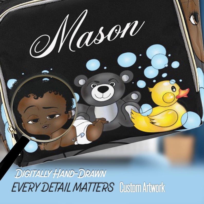 May include: Black diaper bag with the name "Mason" in white script. The bag features a cartoon illustration of a baby, a gray teddy bear, and a yellow rubber duck. The text "DIGITALLY HAND-DRAWN EVERY DETAIL MATTERS Custom Artwork" is also visible.