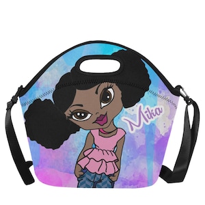 Personalisierte Back To School Lunch Bag für afroamerikanische Kinder, kleine schwarze Mädchen, Afro Puffs