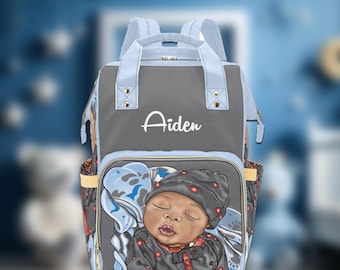 African American Baby Boy Diaper Bag, Personalized Name Backpack, Sleeping Baby Design, Custom Baby Bag, Black Baby Shower Gift