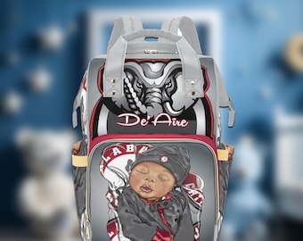 African American Baby Boy Diaper Bag, Personalized Baby Backpack, Sleeping Elephant Design, Black Baby Shower Gift, Custom Name Bag
