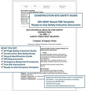 Puede incluir: Documento blanco titulado "Guía de seguridad en obras" con texto que incluye "Plantilla HSE basada en ISO 45001" y "Formación en inducción de seguridad". Las viñetas enumeran temas como "Guía de inducción de seguridad de 24+ páginas" y "Requisitos de EPI".