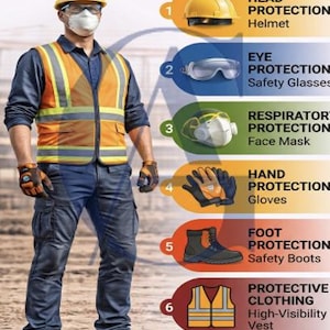May include: Image of a person wearing personal protective equipment (PPE) including a yellow hard hat, safety glasses, face mask, gloves, safety boots, and a high-visibility vest. The image also shows examples of PPE.