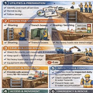 Puede incluir: Guía de seguridad ilustrada para trabajos en zanjas, con reglas y mejores prácticas. La infografía incluye secciones sobre utilidades, sistemas de protección, riesgos de derrumbe, acceso, inspección y rescate de emergencia. Medidas en metros.