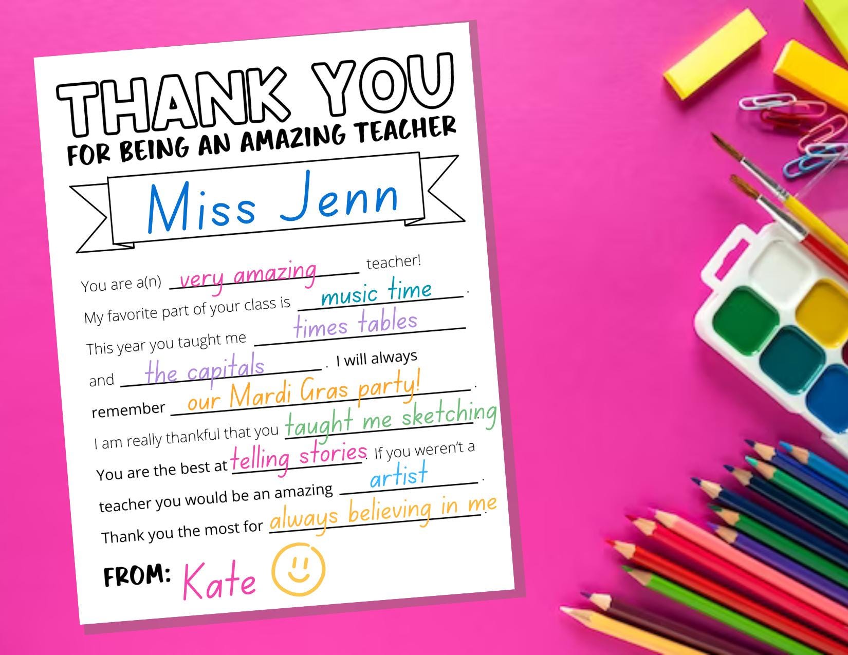 Teacher Appreciation Fill-in Thank You Letter Printable (PDF) - Etsy