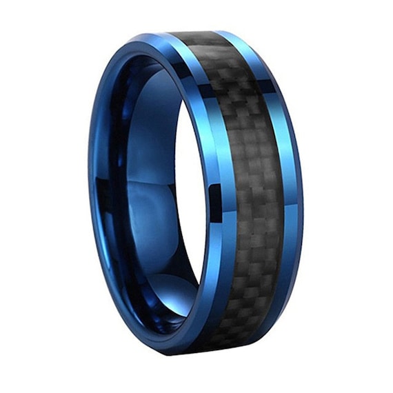 Blue Mens Tungsten Black Carbon Fiber Inlay Wedding Band Ring - Etsy